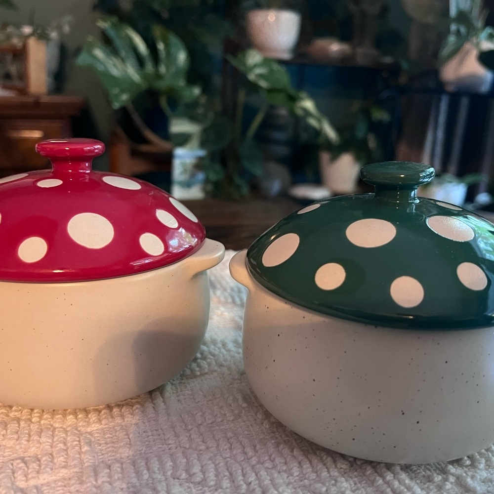 World Market Pair of Mushroom Crocks - Red and Green